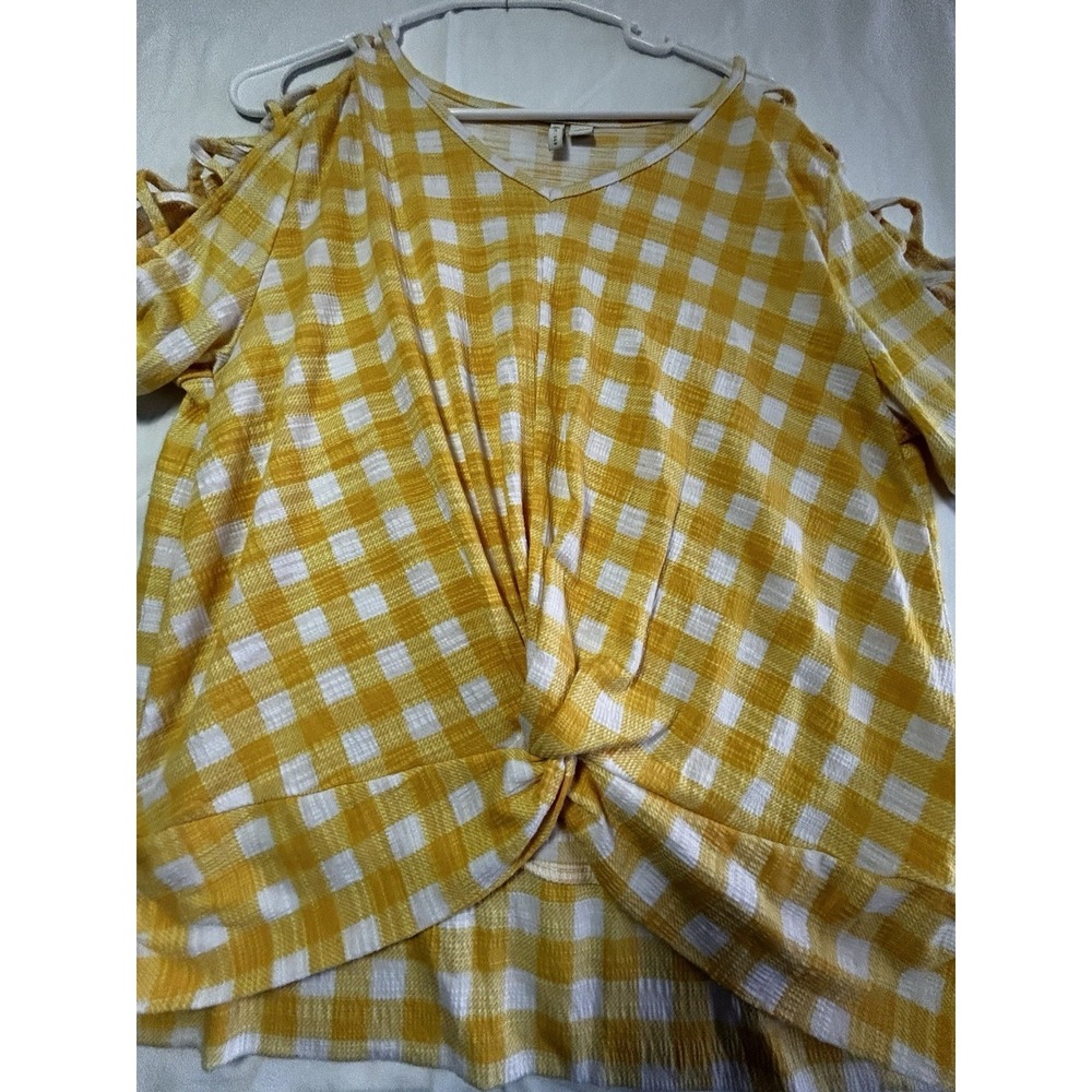 Yellow Gingham Plaid Linen Unique Tie Front Blouse Open Sleeve Cato L Summer